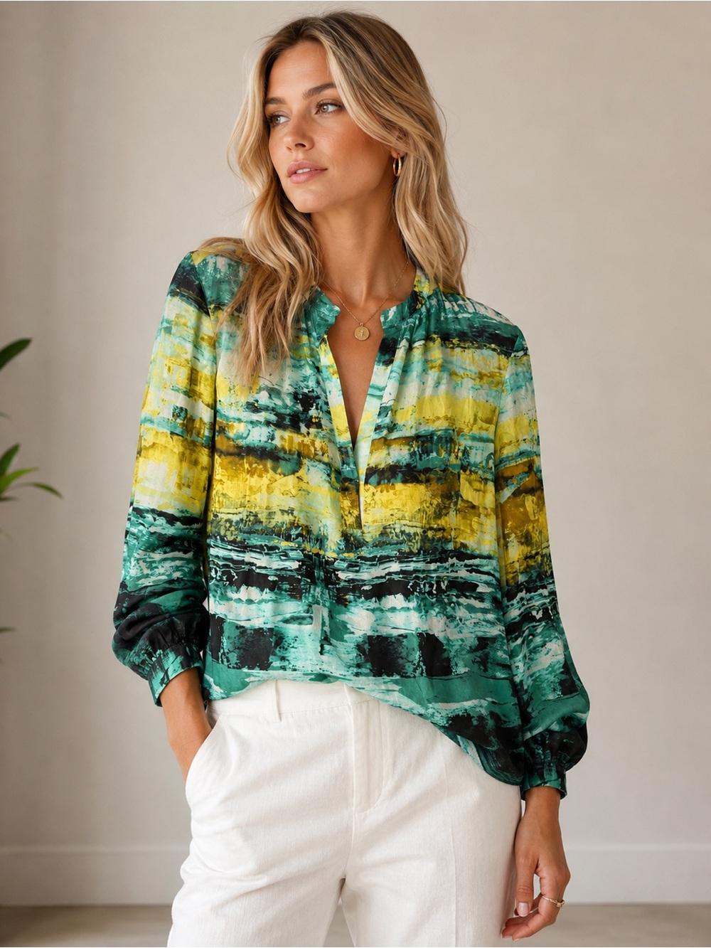 Lafayette 148 New York Silk Painterly Stripe Blouse in Green and Yellow size 12